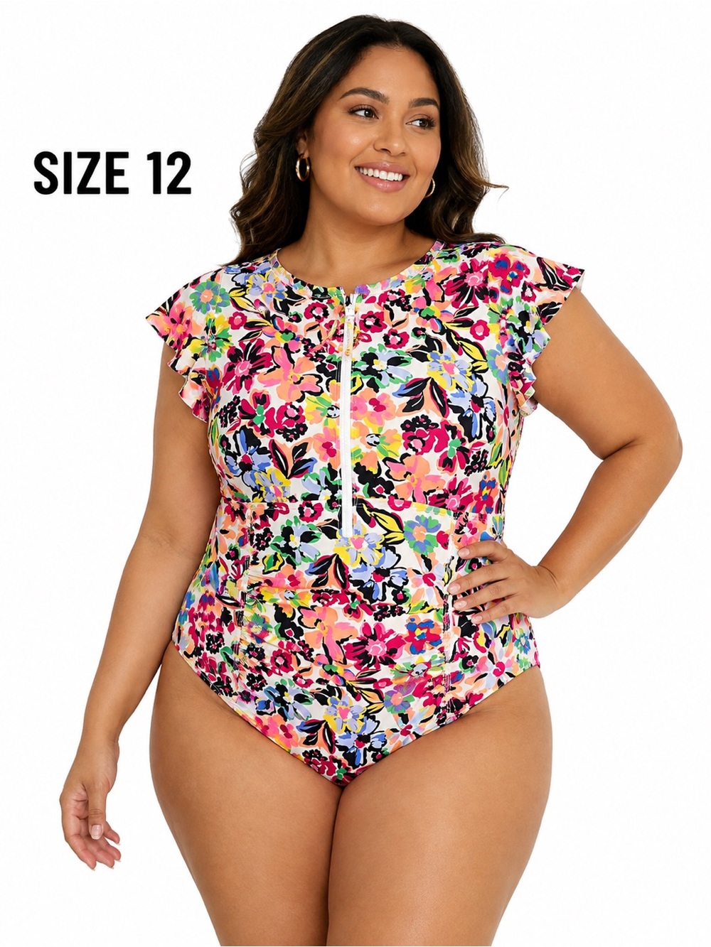 Plus Floral Zip-Front One-Piece Swimsuit in Multicolor size 12